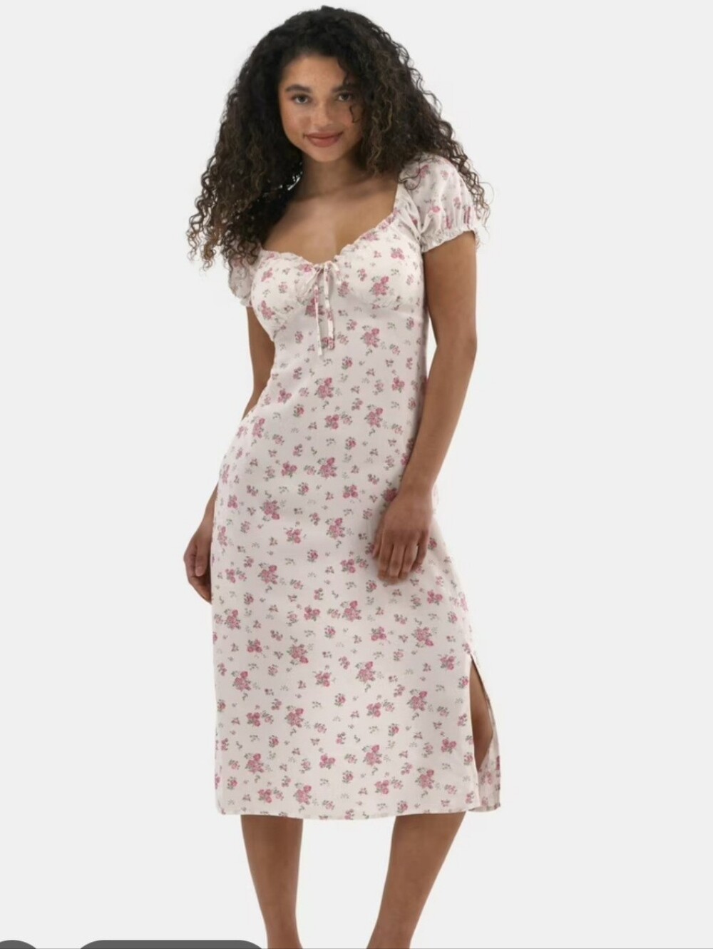 NWT No Boundaries White Pink Rose Floral Puff Sleeve Milkmaid Midi Dress Size M